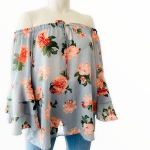 PLUS Speed Limit Dusty Blue & Pink Floral Bell Sleeve 2 in 1 Blouse Size 3X